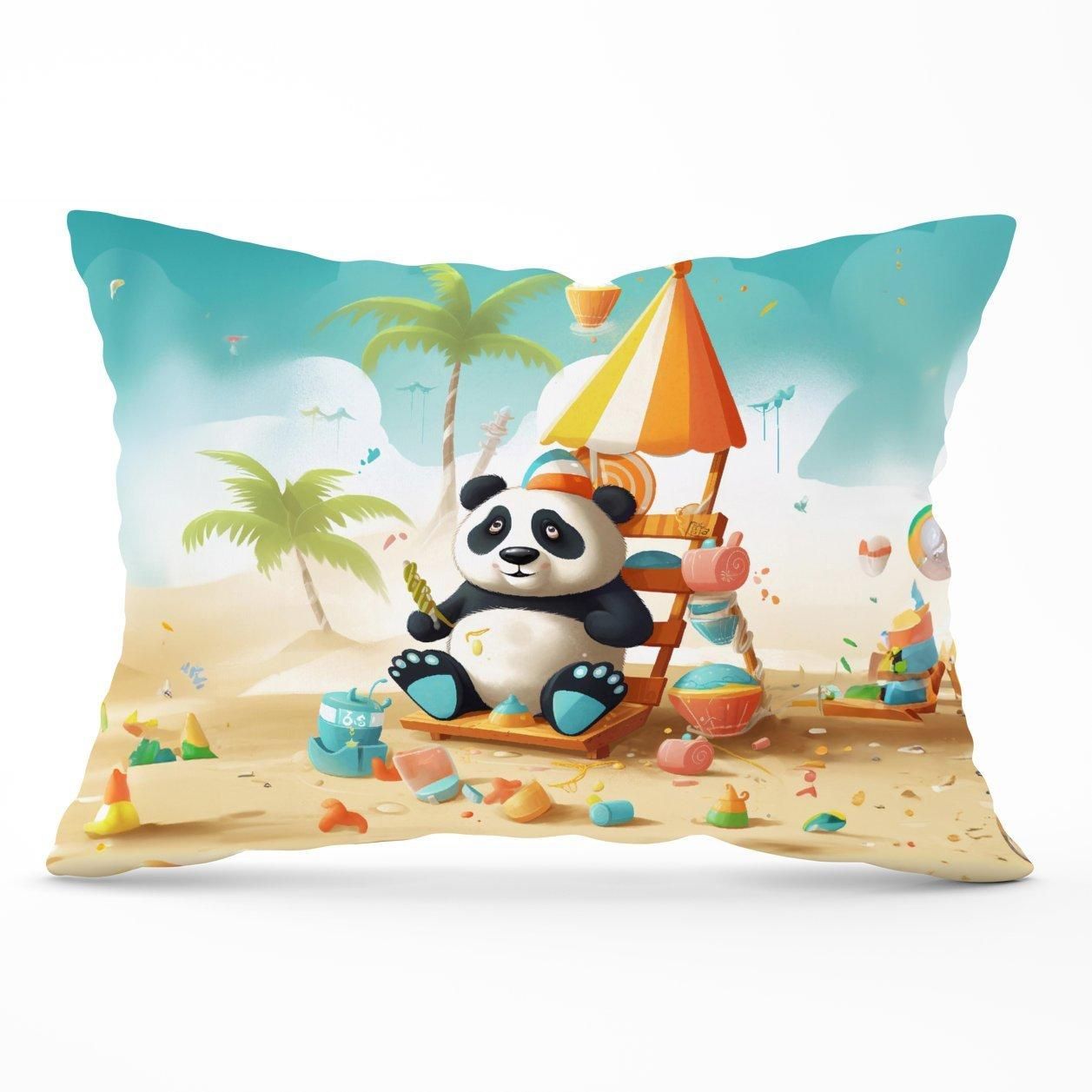 Warren Reed - Designer Happy Panda On A Beach Holiday Cushions in Yellow