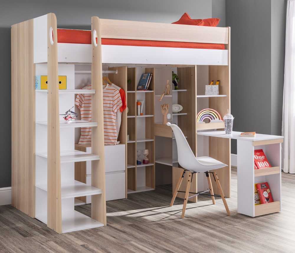 Aurora Oak and White Wooden High Sleeper Frame - 3ft Single