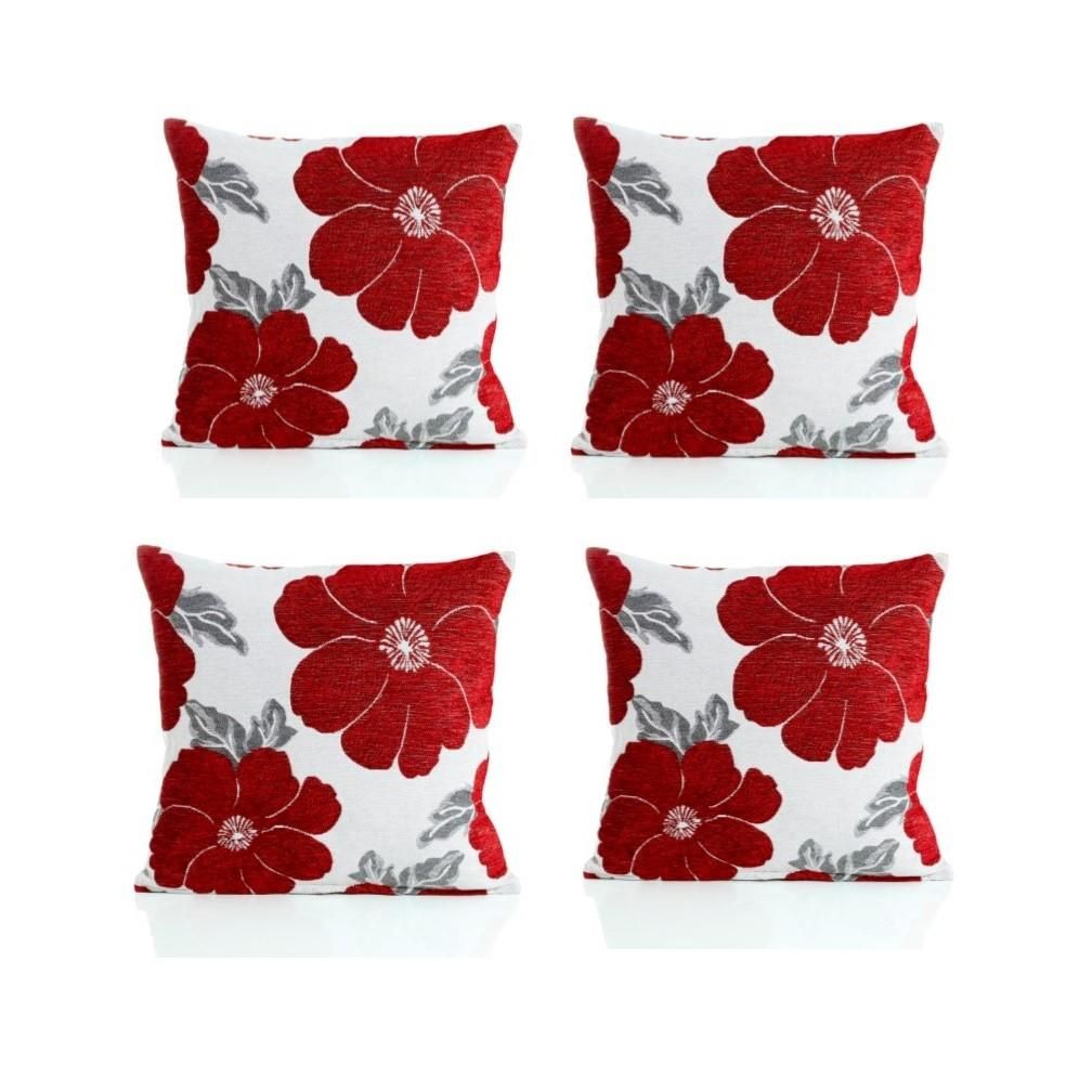 Luxury Living Poppy Chenille Cushions Set of 4 - Luxurious Floral Design, Thick Jacquard Fabric, Easy-Care with Wide Zip in Red