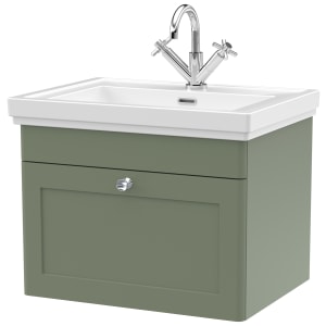Classique Satin Green Wall Hung 1-Drawer Vanity & Basin 1 Tap Hole - 496 x 630mm