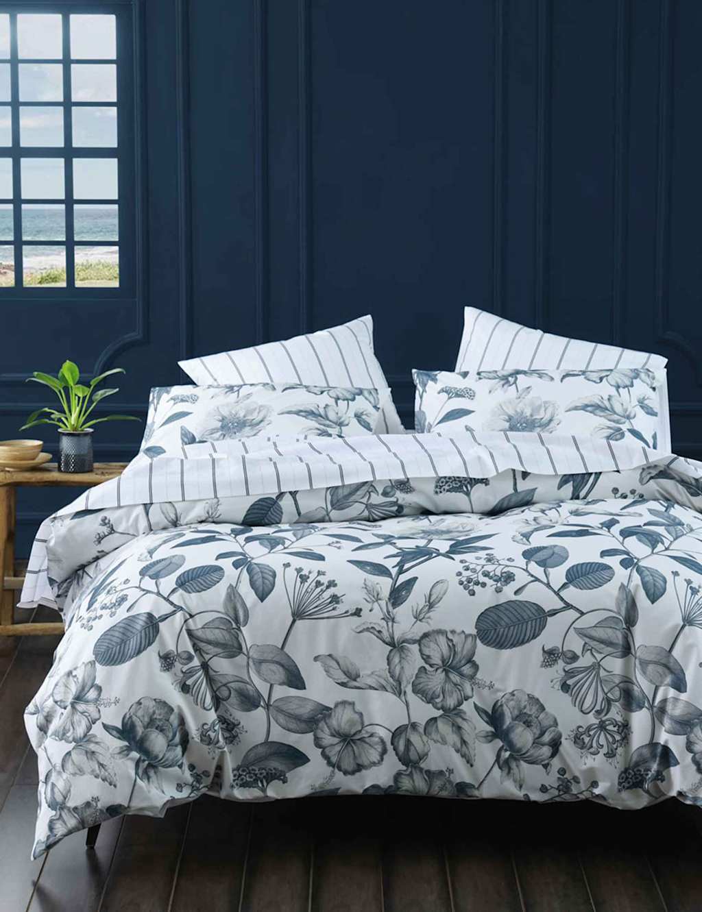 MM Linen Pure Cotton Botanical Bluestone Bedding Set White Mix