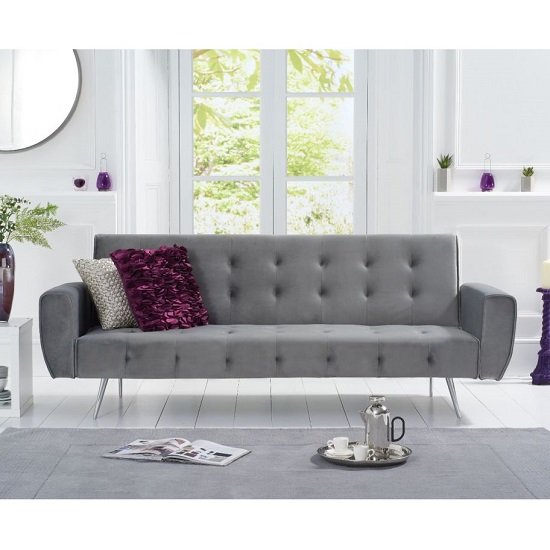 Minter Velvet High Backrest Sofa Bed In Grey With Metal Legs