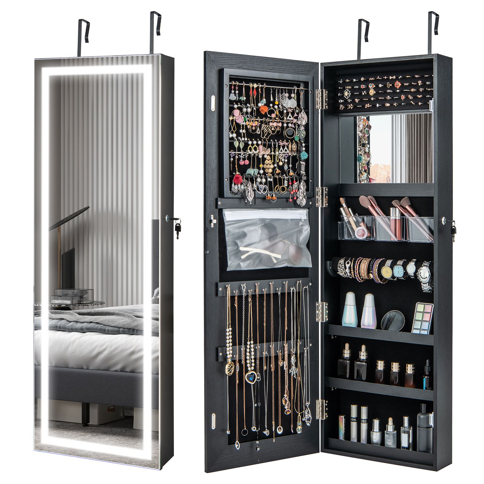 Costway 120cm Full Length Mirror Jewelry Cabinet Door Hanging/Wall Mounted Mirror with 3 Color Lights in Black