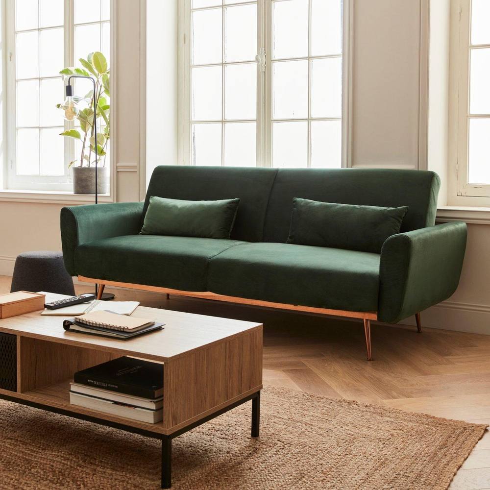 sweeek 3-seater Velvet Convertible Sofa Bed in Dark Green