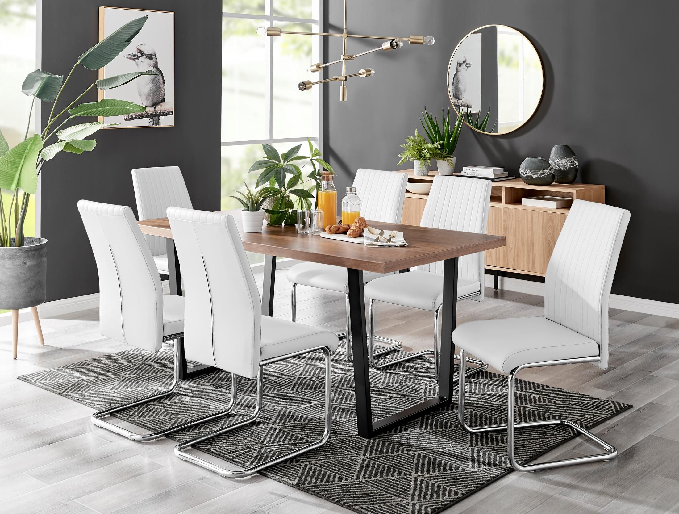 FurnitureboxUK Kylo Large Brown Wood Effect Dining Table & 6 Lorenzo Faux Leather Chairs in White