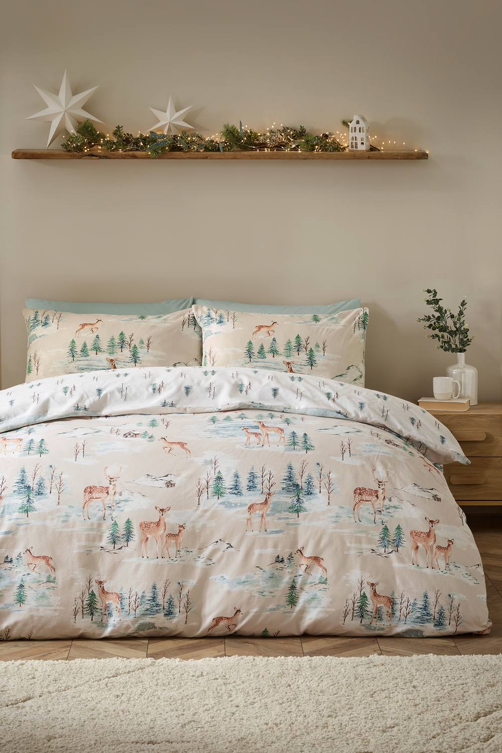 Catherine Lansfield 'Brushed Christmas Deer' Cotton Reversible Duvet Cover Set in Natural