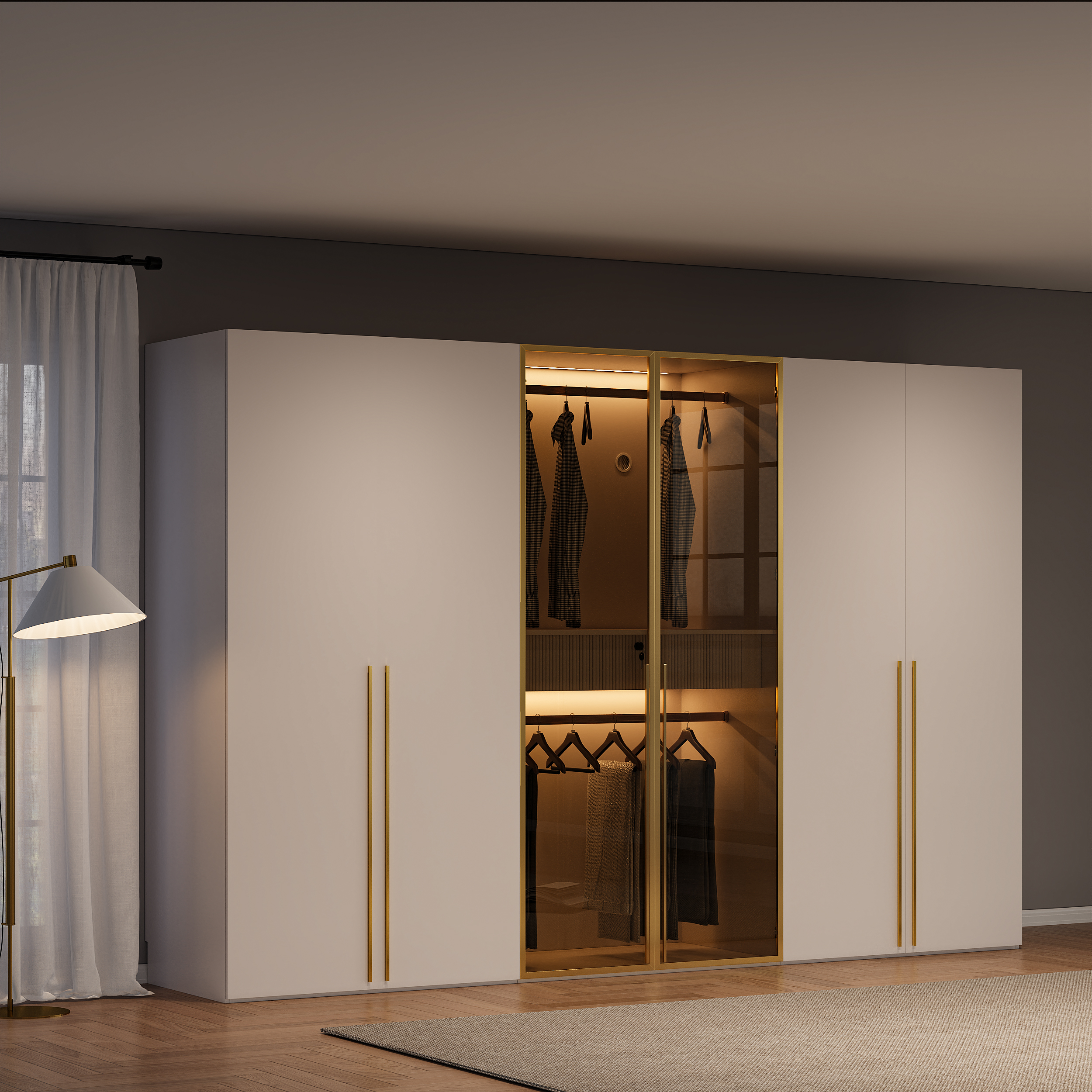 Minimalist and luxurious 6-door wardrobe with glass display and lighting