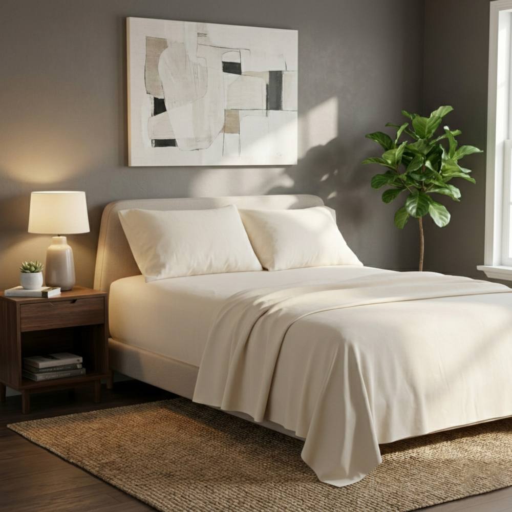 Snug City Soft Plain Brushed Cotton Fitted Flat Sheet Matching Pillowcases Set in Cream