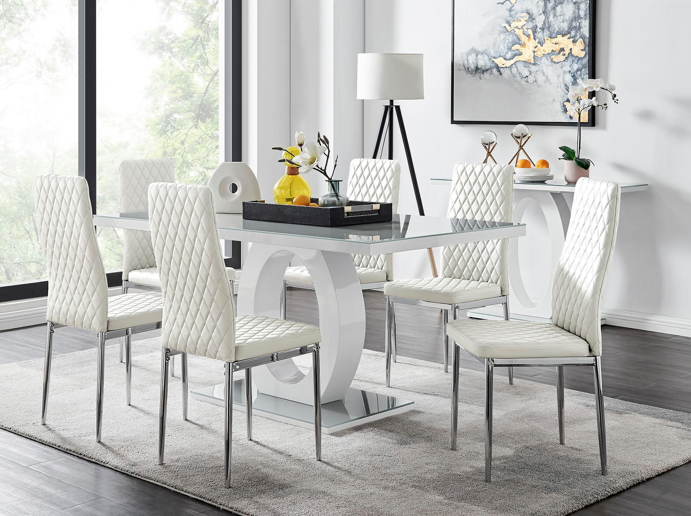 FurnitureboxUK Giovani 6-Seater Grey Glass Dining Table & 6 Milan Faux Leather Dining Chairs in White