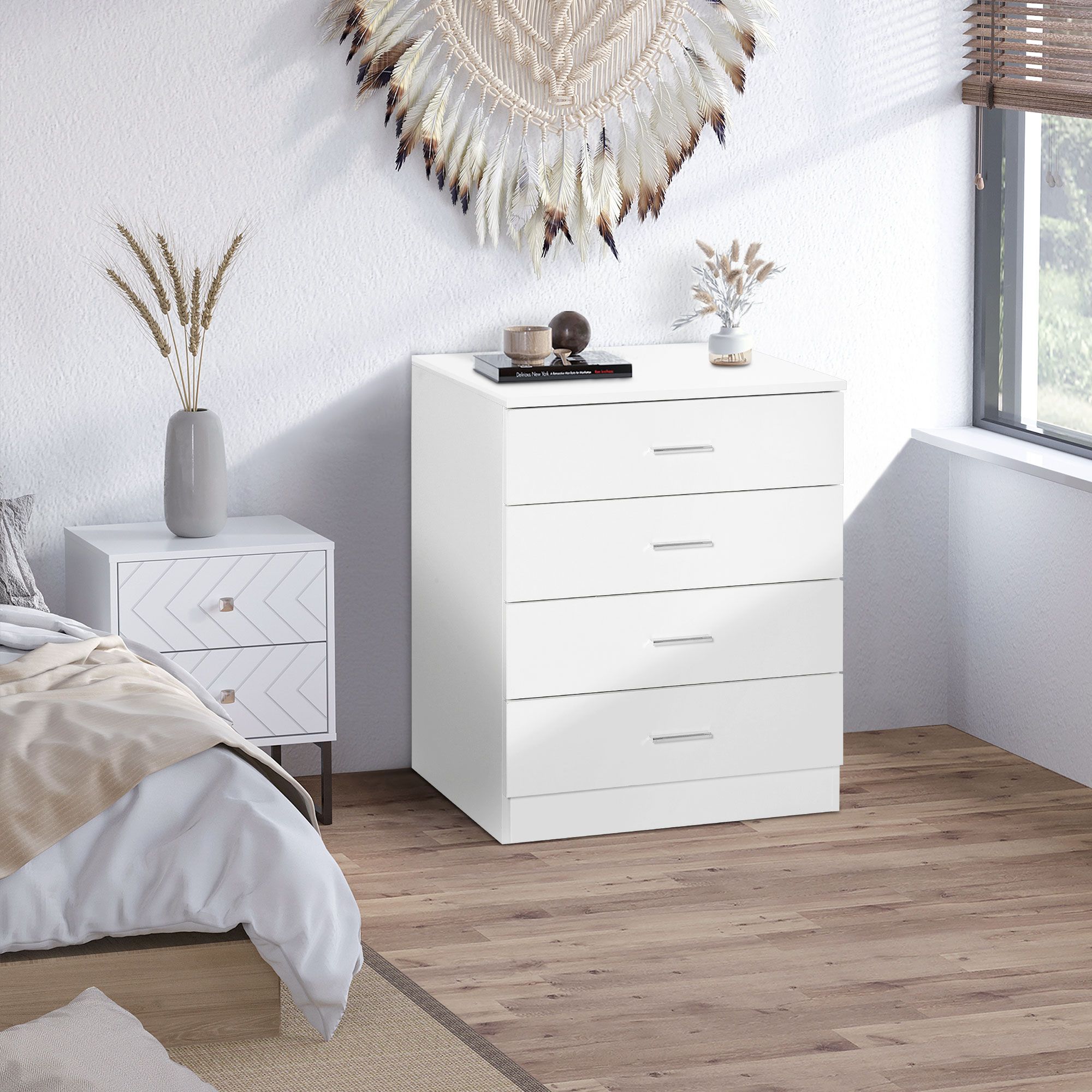 HOMCOM Storage Cabinet Vertical Drawer Chest of 4 with Metal Rails Anti Tip in White