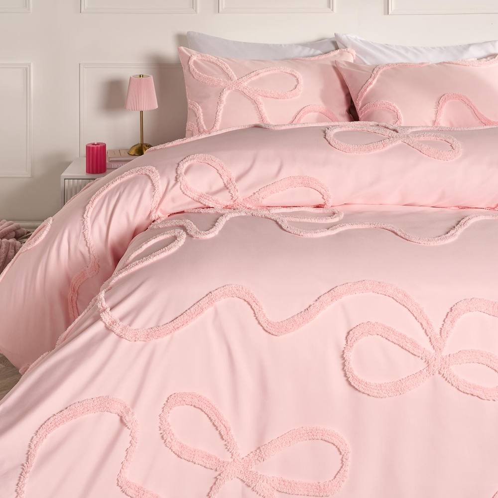 OHS Tufted Bow Bedding Set Duvet Cover with Pillowcase in Pink