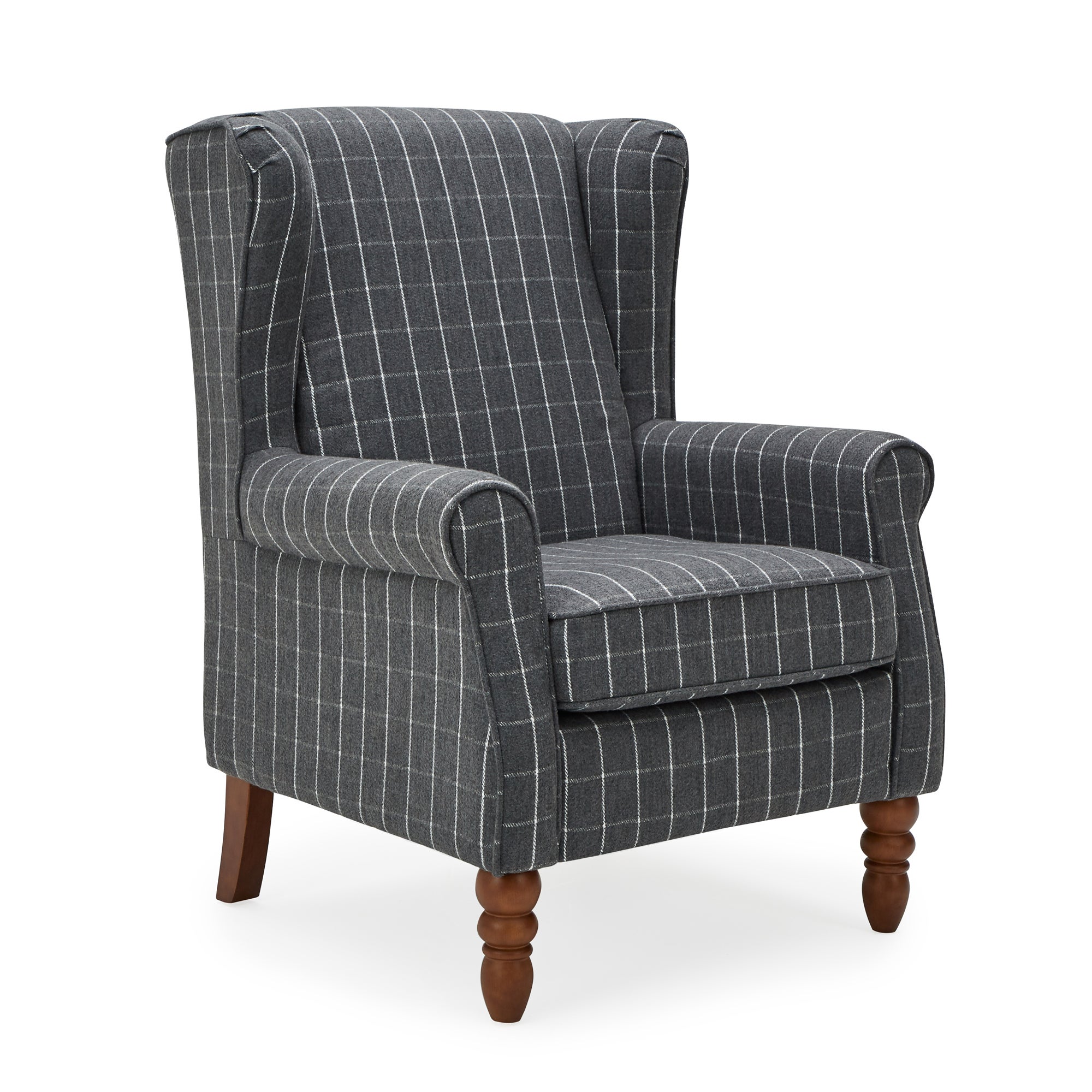 Oswald Window Pane Check Wingback Armchair Grey and White
