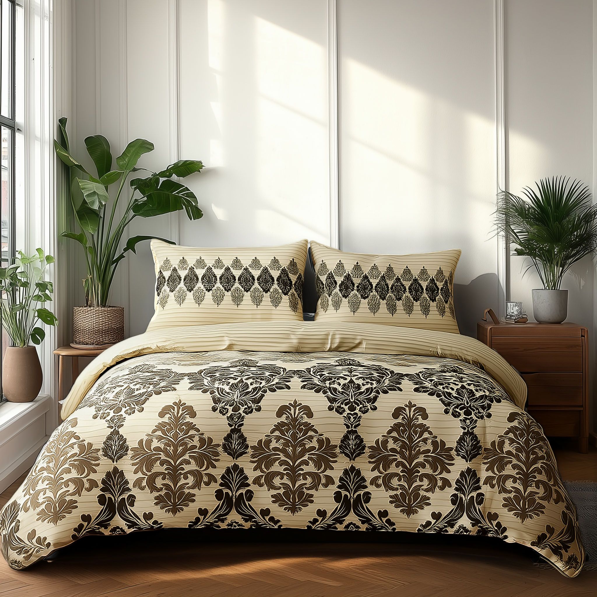 Snug City Duvet Cover & Pillowcase Set Stripe & Floral Polycotton Bed Linen in Beige