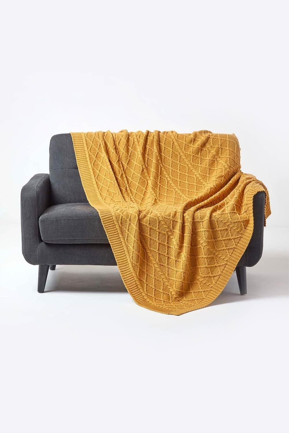 Homescapes Diamond Cable Knit Cotton Throw in Mustard