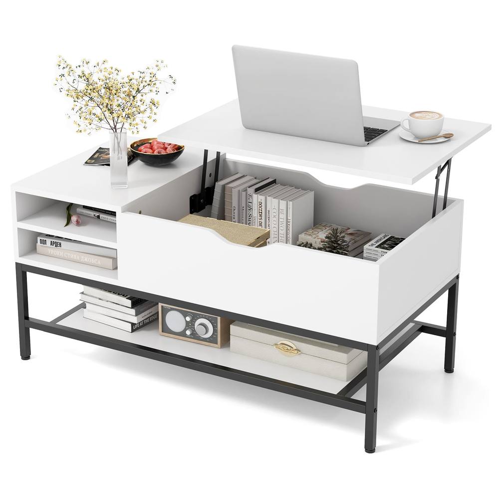 Costway Lift Top Coffee Table Living Room Table w/ Storage Shelf-White in White