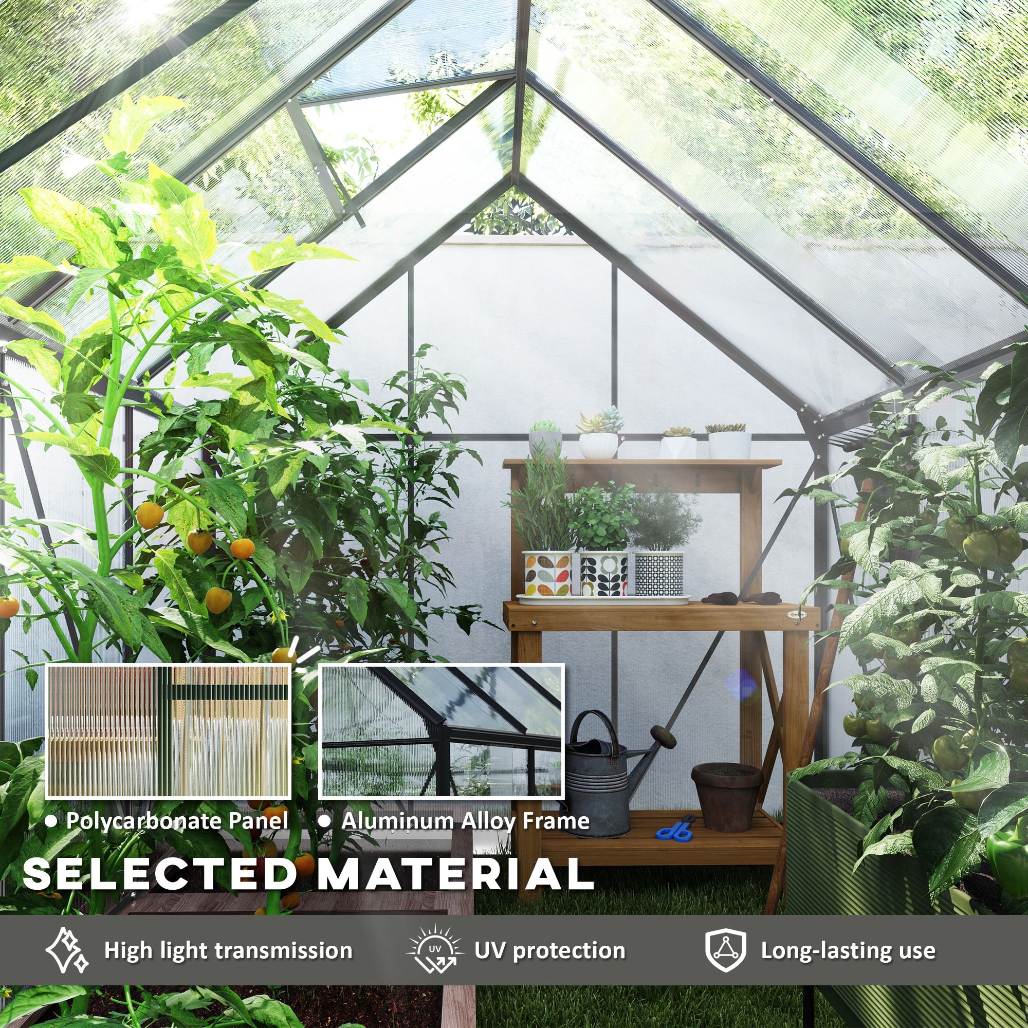 OUTSUNNY Polycarbonate Walk-in Garden Greenhouse w/ Sliding Door Dark Grey 4