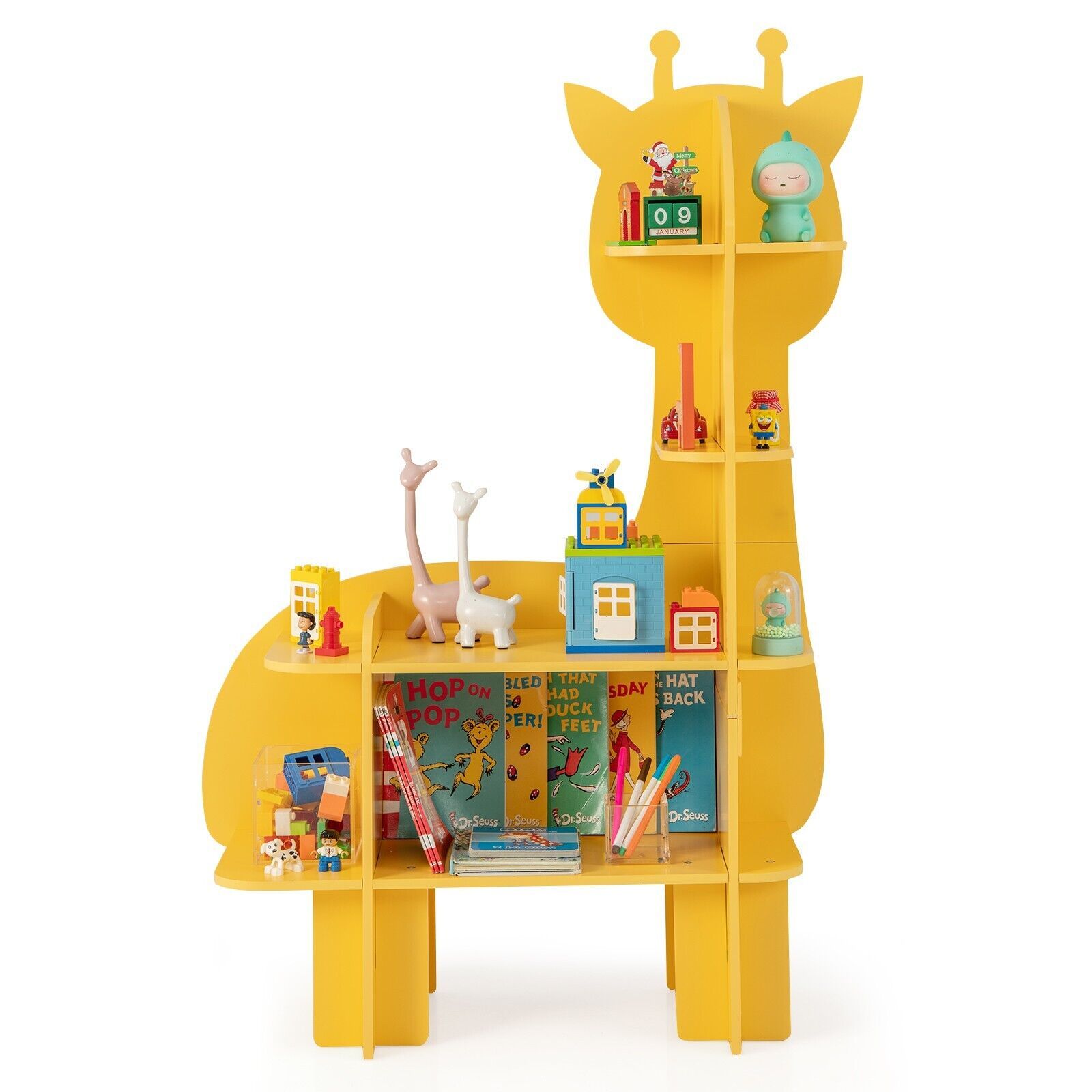 Costway Giraffe Bookcase 4 Tiers Toy Storage Organizer Wooden Bookshelf in Yellow