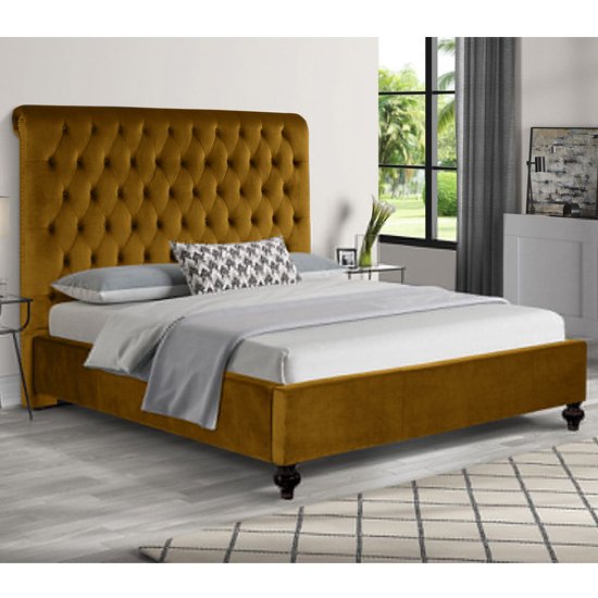 Fallston Plush Velvet Small Double Bed In Mustard