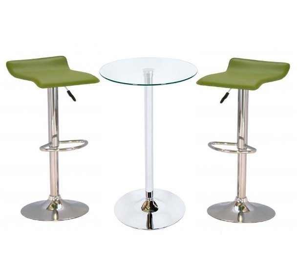 Bente Glass Bar Table With 2 Stratos Green Bar Stools