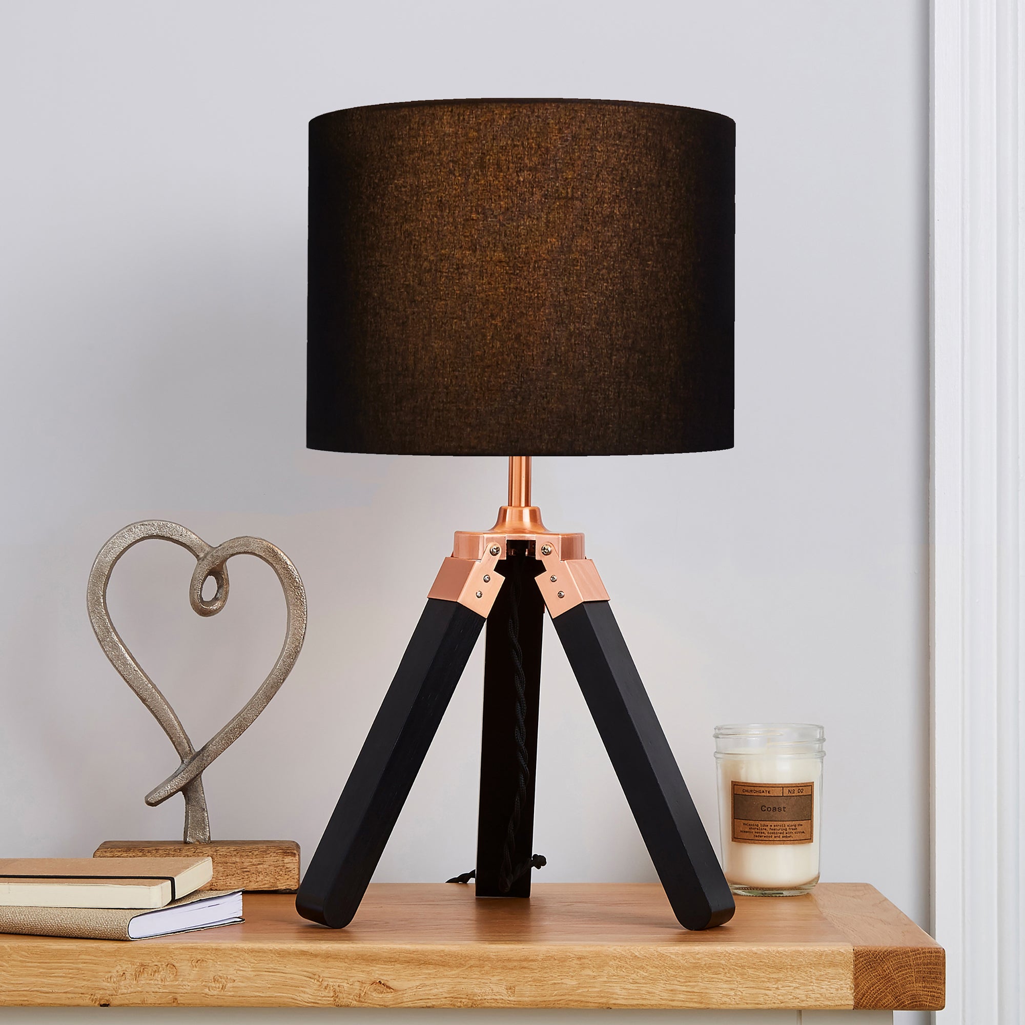 Trio Tripod Black and Copper Table Lamp Black and Brown