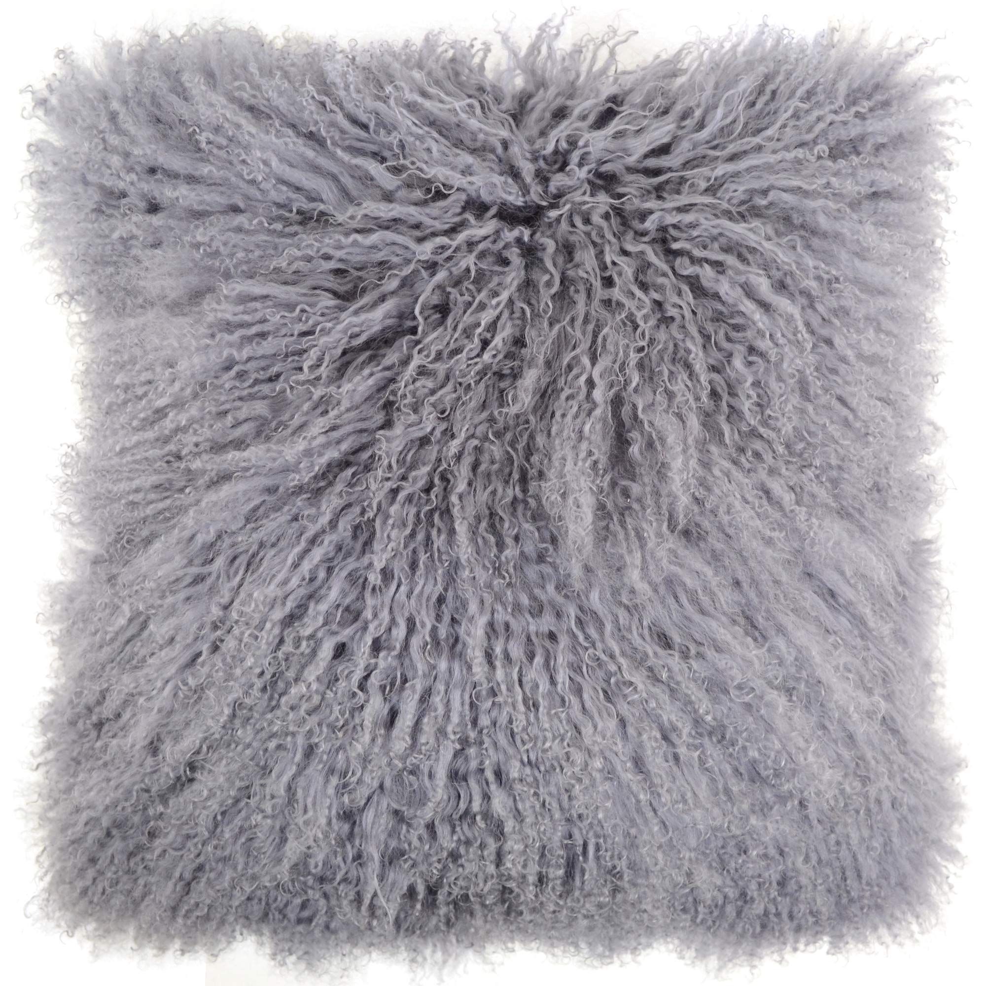 SNUGRUGS Mongolian Long Curly Wool Sheepskin Cushion with Cushion - 60cm x 60cm in Grey
