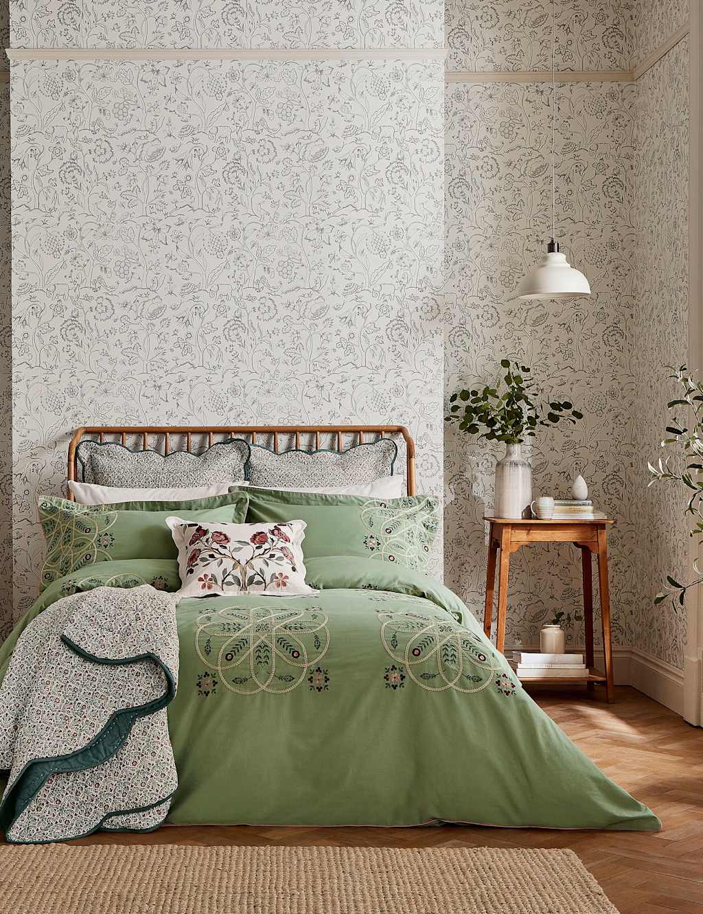 Morris & Co Pure Cotton Brophy Embroidery Bedding Set Green Mix