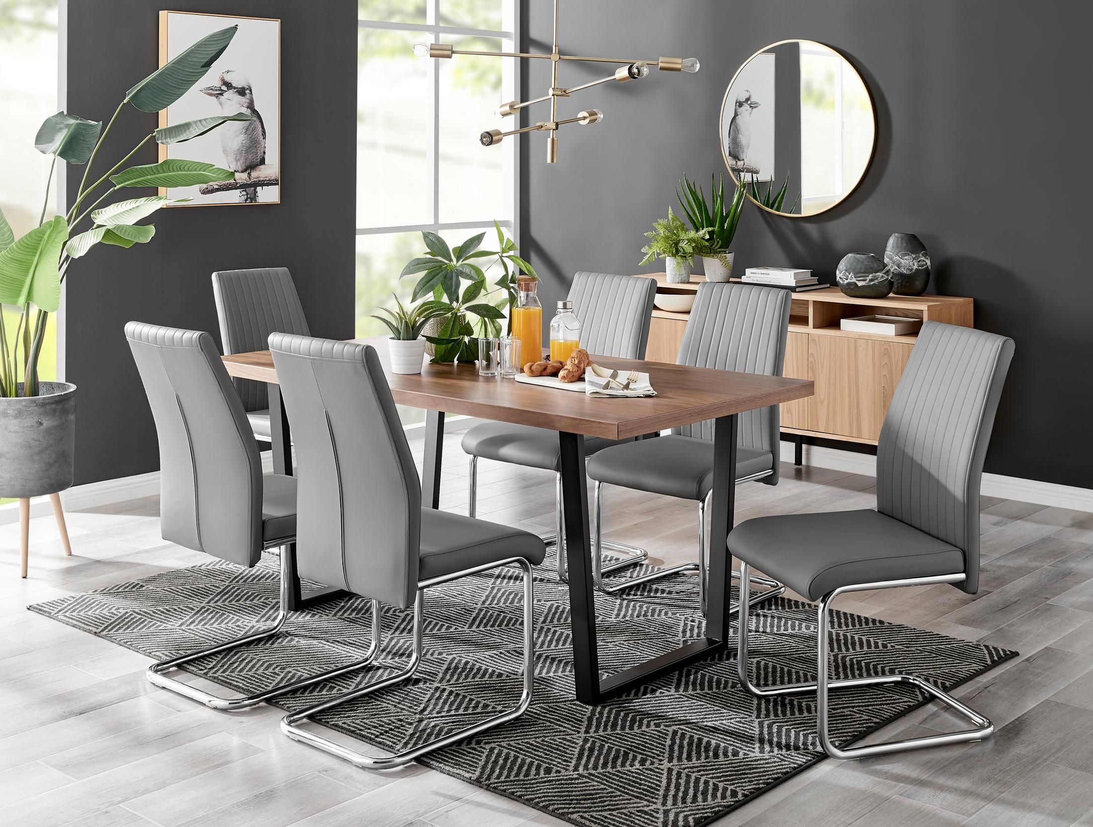 FurnitureboxUK Kylo Large Brown Wood Effect Dining Table & 6 Lorenzo Faux Leather Chairs in Grey