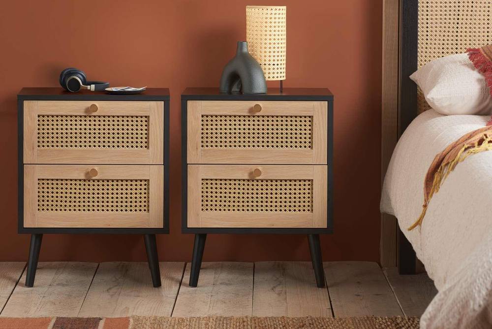 Birlea Pair of Bedside 2 Drawer Cabinet Rattan Croxley Side Table Black