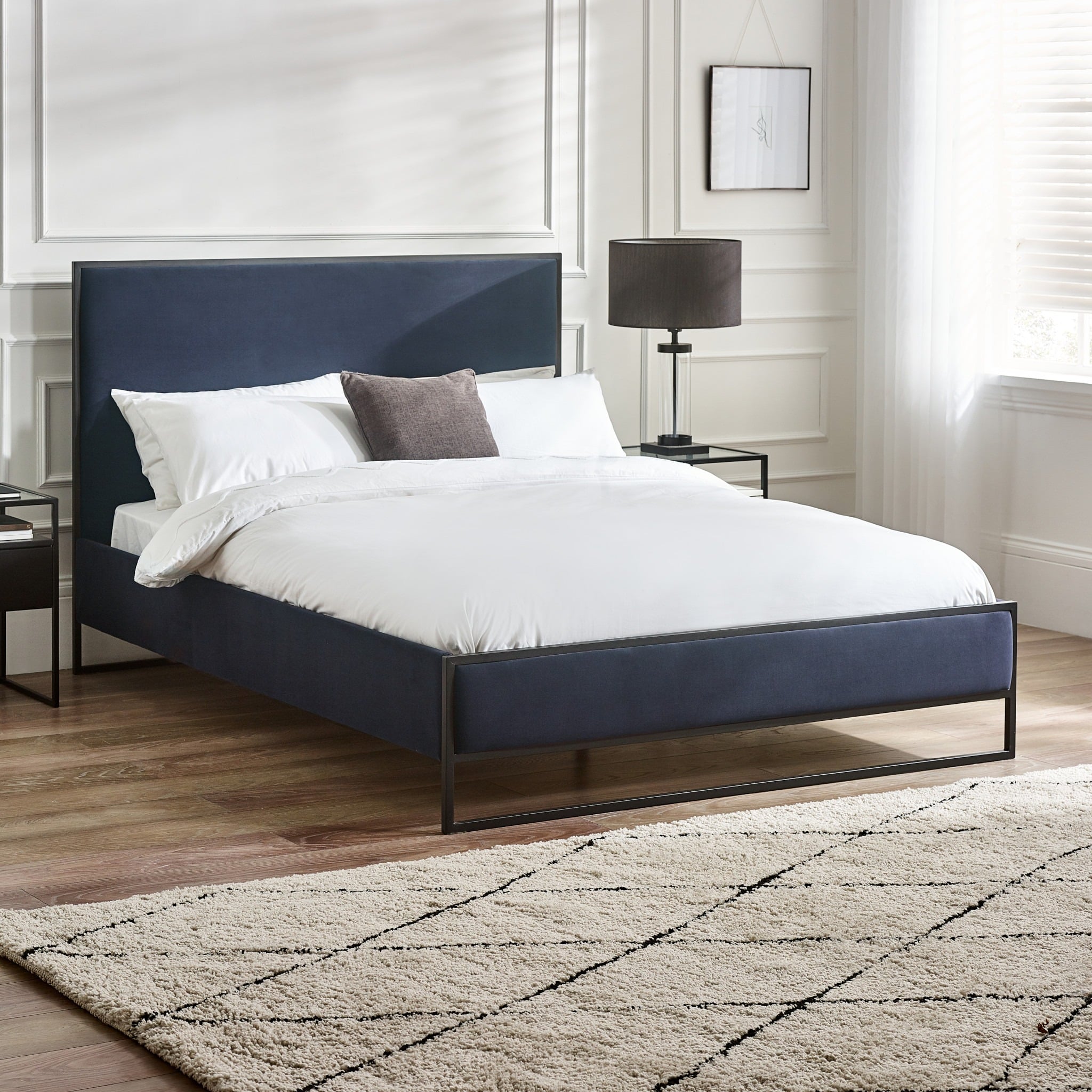 Cooper - Double - Low Foot-End Bed - Navy Blue/Black - Velvet/Metal - 4ft6 - Happy Beds