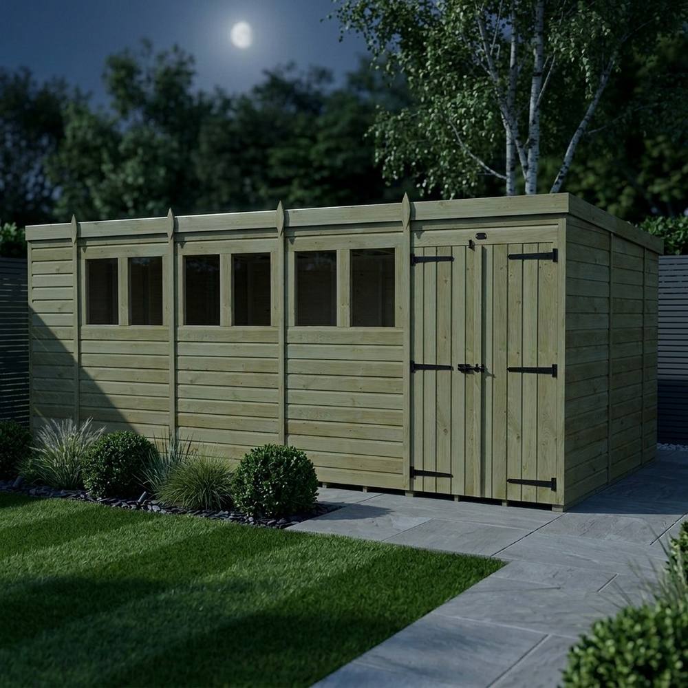 Buttercup Farm 18ft x 10ft Pent Garden Shed Double Door With Windows - Timber in Brown 3