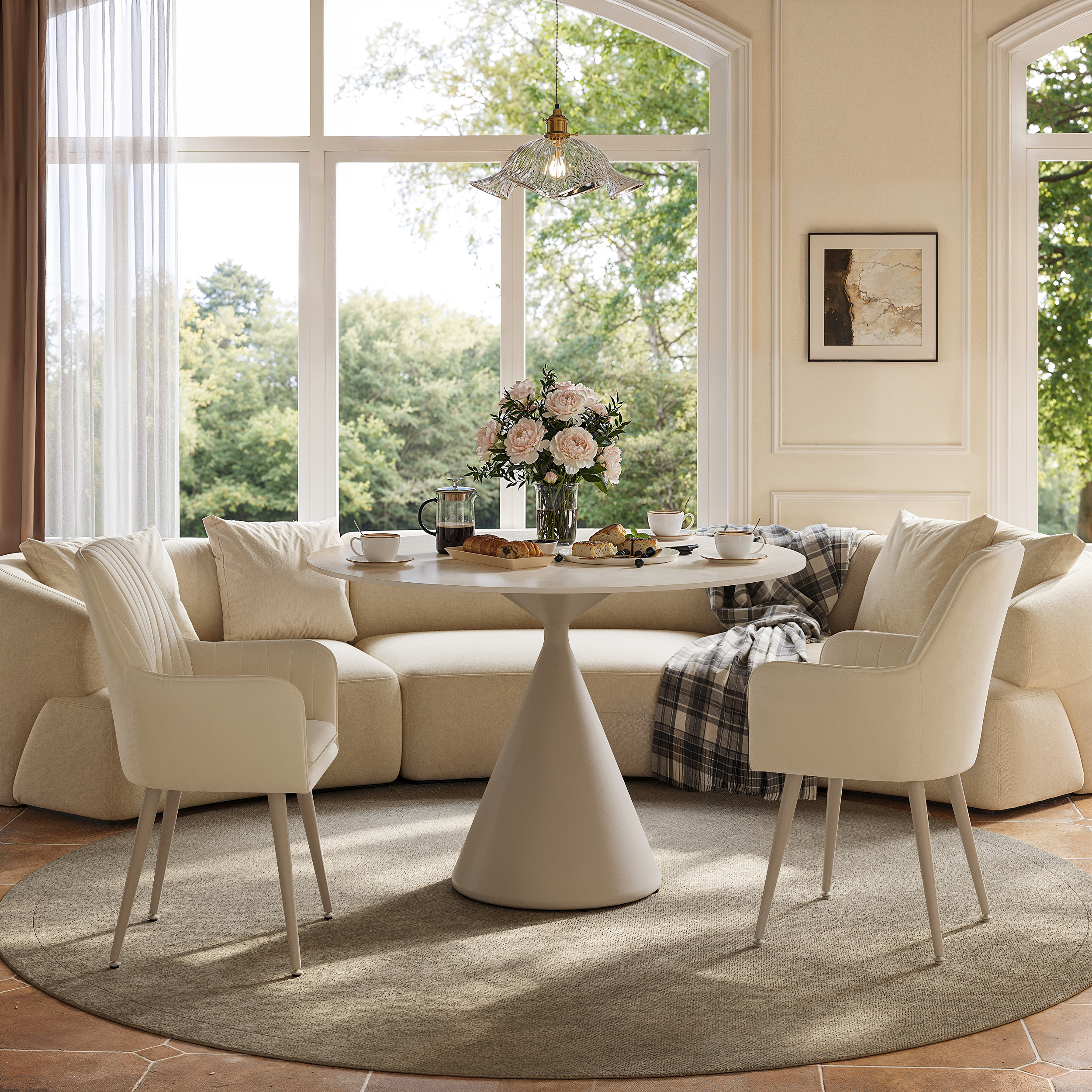 100cm Round Matte Travertine Sintered Stone Dining Table with Metal Pedestal Base