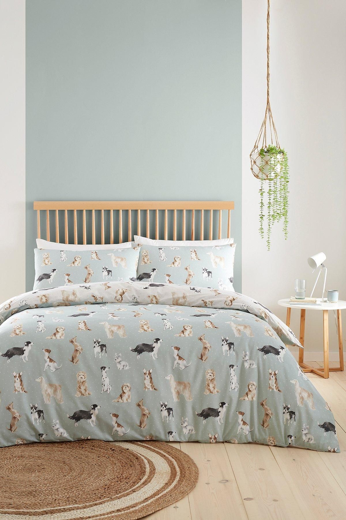 Fusion 'Cute Dogs' Easycare Duvet Cover Set in Duck Egg Blue