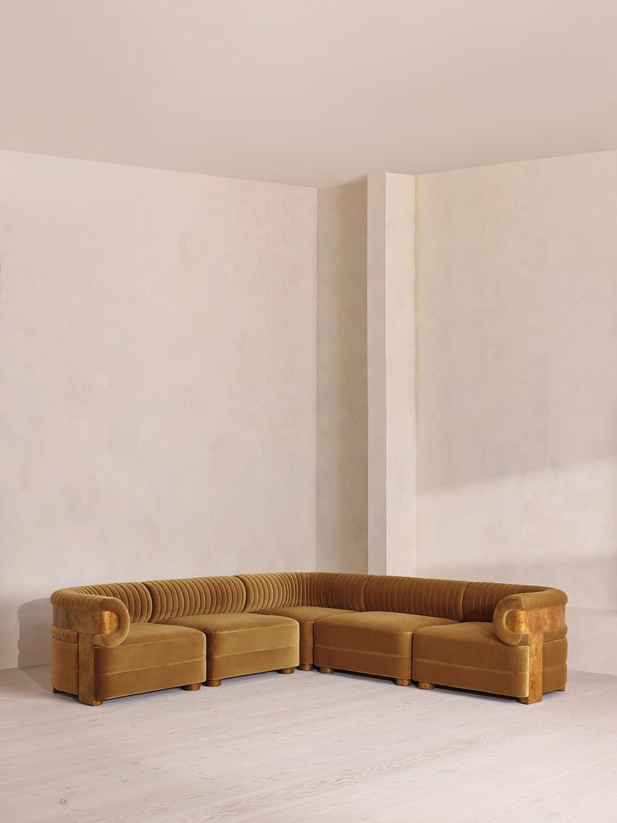 Caleb Modular Corner Sofa, Velvet, Mustard, Dark Burl