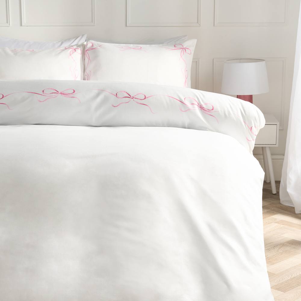 OHS Bow Border Bedding Set Microfibre Duvet Cover with Pillowcase in White