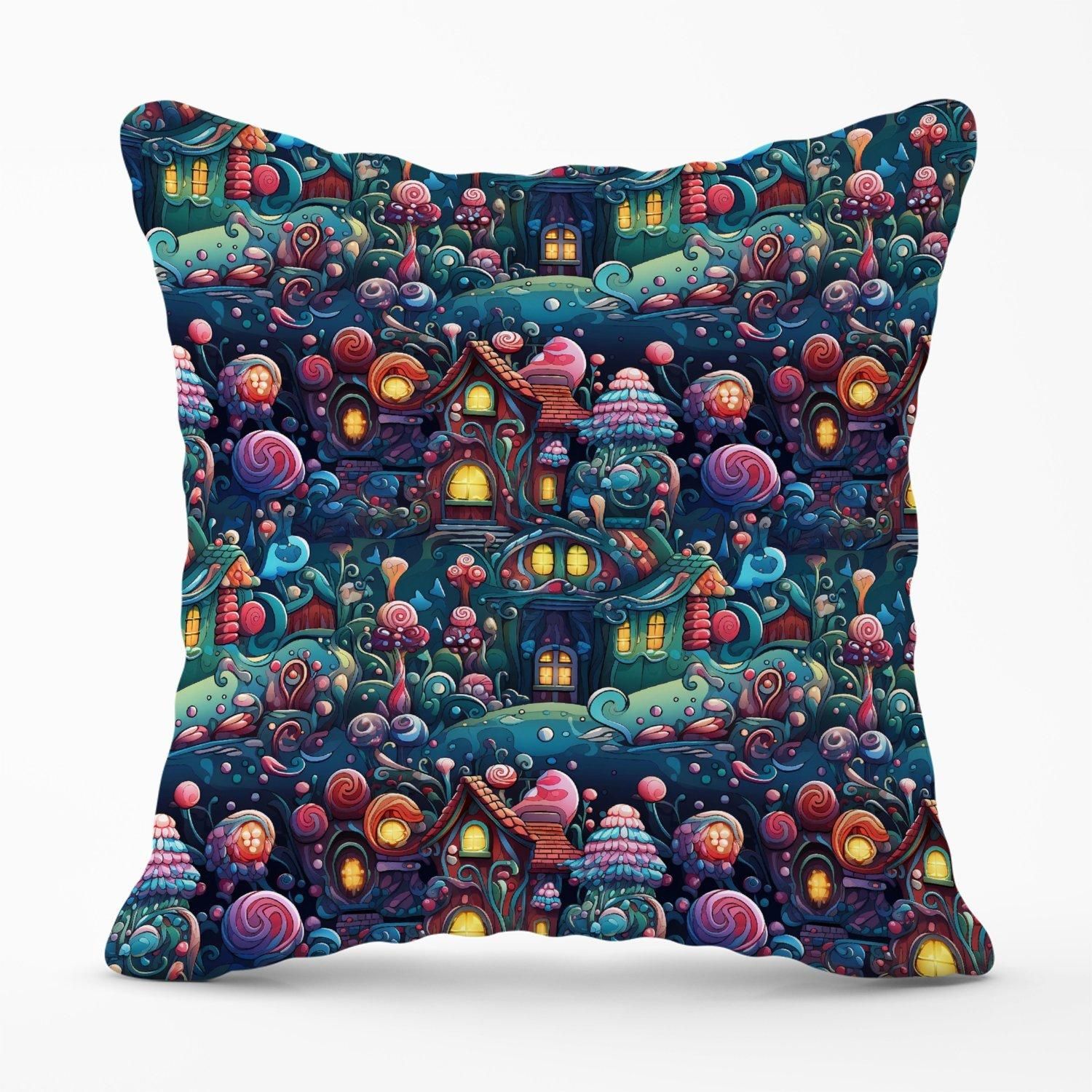 Warren Reed - Designer Whimsical Gingerbread House Pattern Outdoor Cushion in Blue