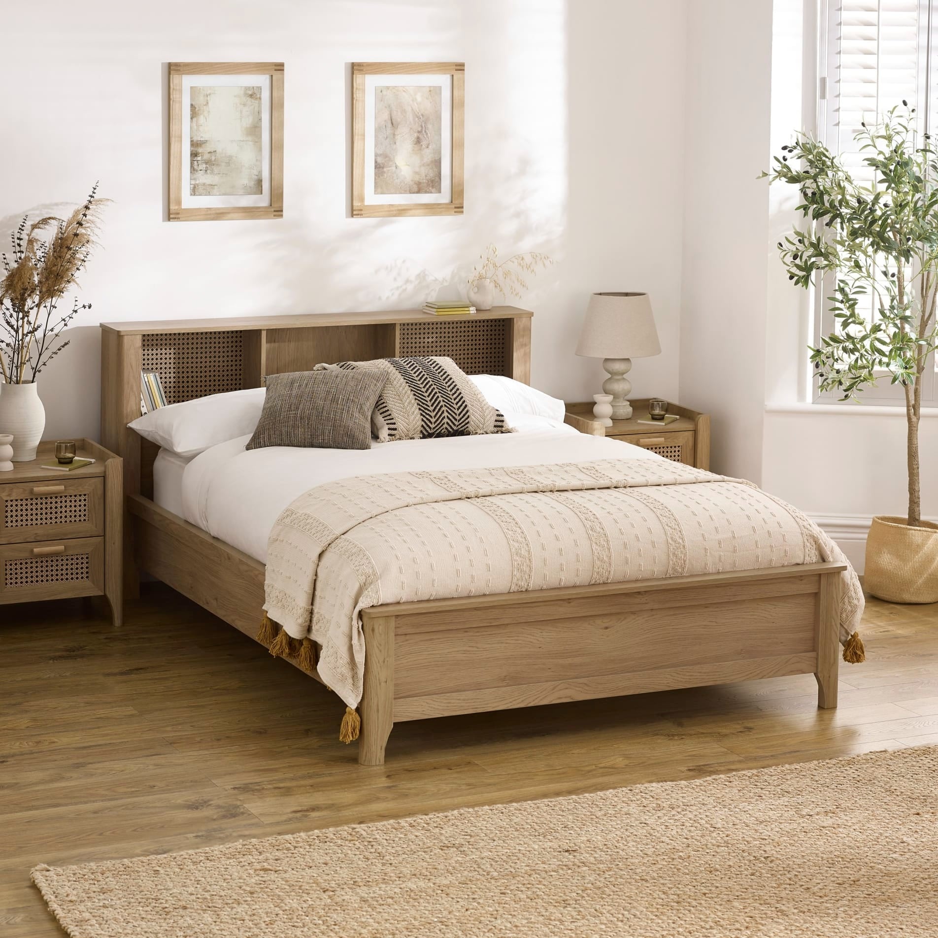 Sydney - King-Size - Rattan Oak-Effect Bookcase Bed - Oak - Wooden - 5ft - Happy Beds