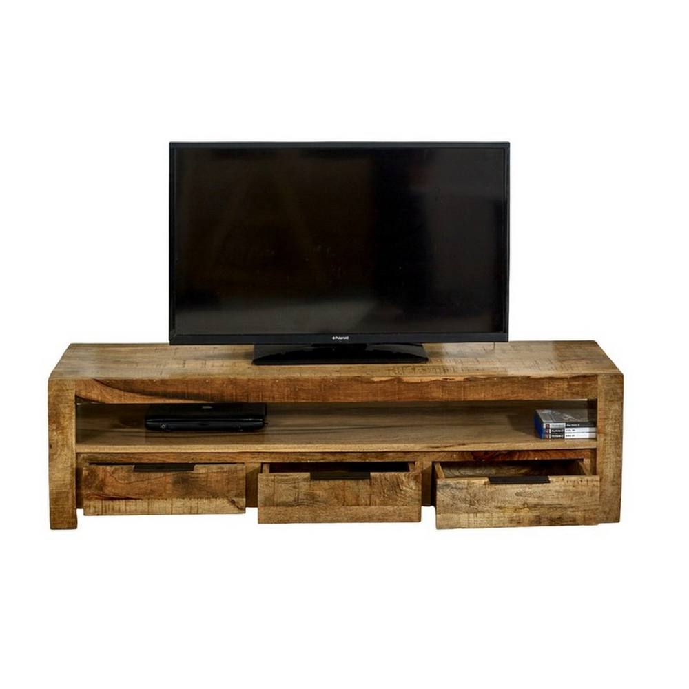Indian Hub Surrey Large TV with 3 Drawers - Solid Mango Wood - L40 x W150 x H40cm in Brown