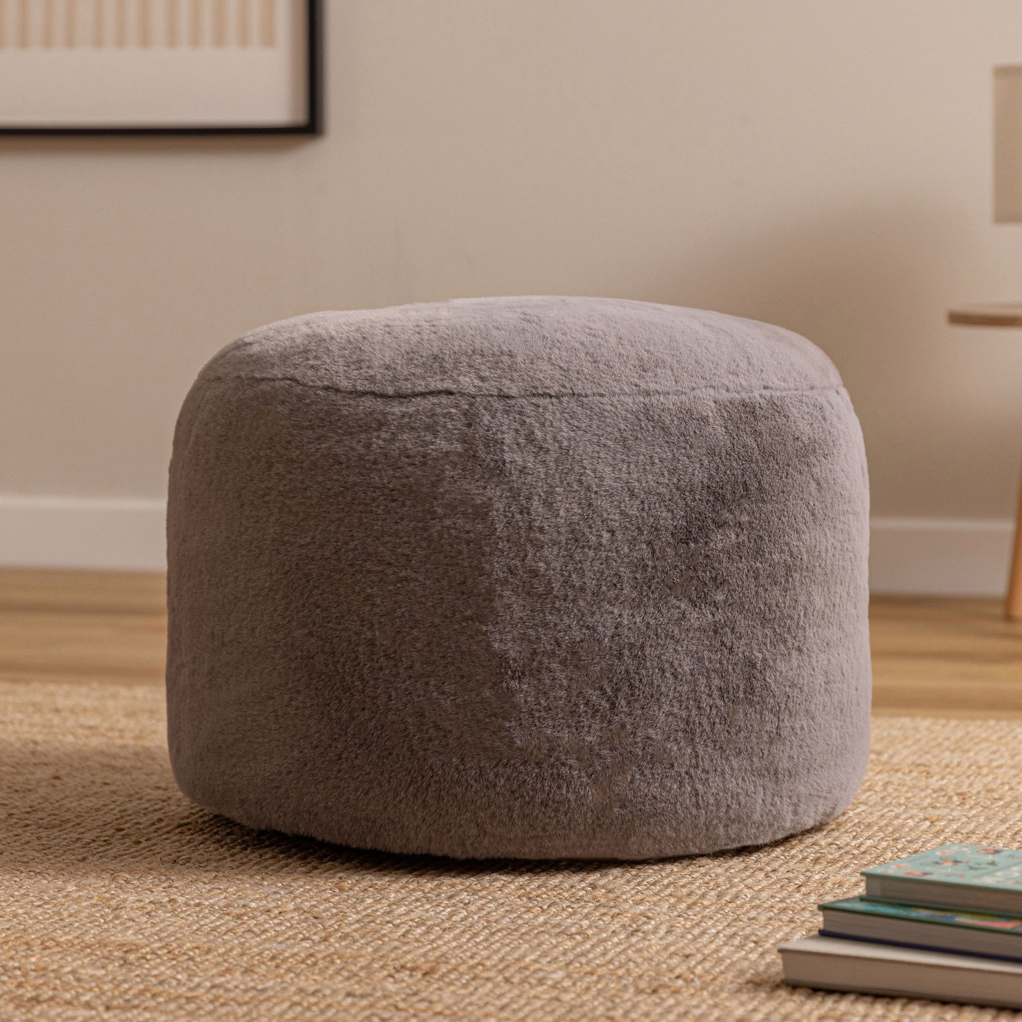 icon Milano Rabbit Faux Fur Round Footstool Bean Bag in Light Grey