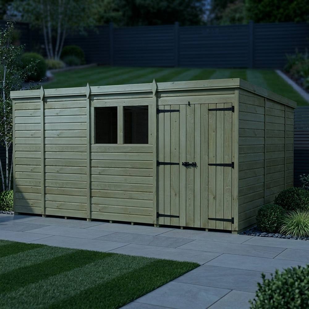 Buttercup Farm 13ft x 10ft Pent Garden Shed Double Door With Windows - Timber in Brown 3