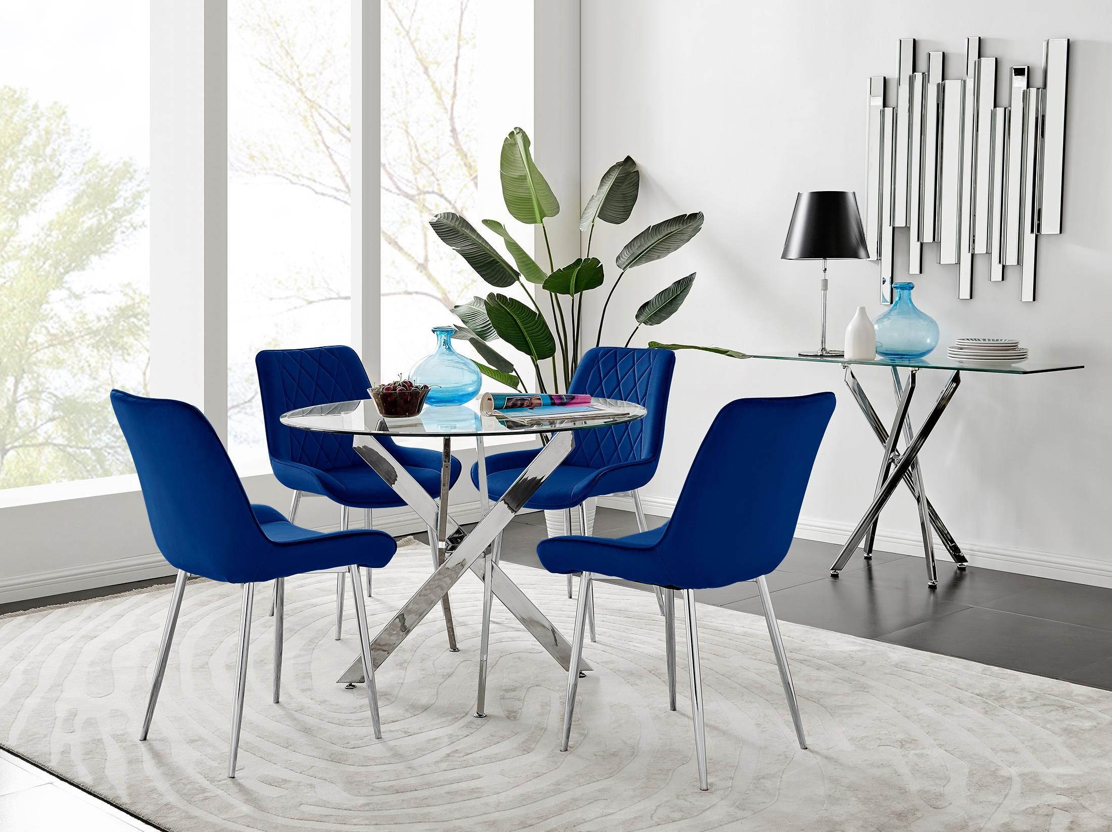 FurnitureboxUK Novara Clear Tempered Glass 100cm Round Dining Table with Chrome Starburst Legs & 4 Pesaro Velvet Silver Leg Chairs in White