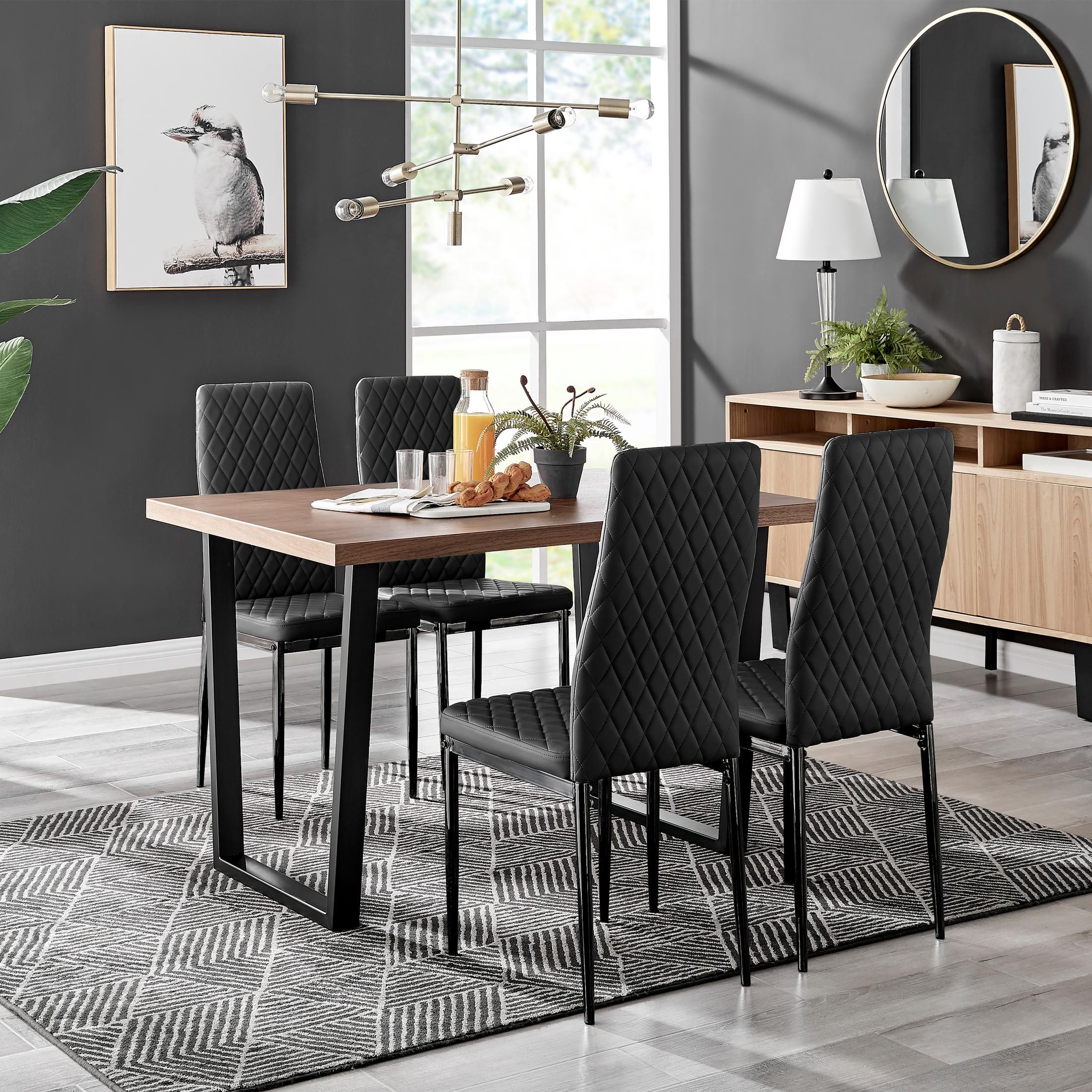 FurnitureboxUK Kylo Brown Wood Effect Dining Table With Black 'U' Legs & 4 Milan Faux Leather Chairs
