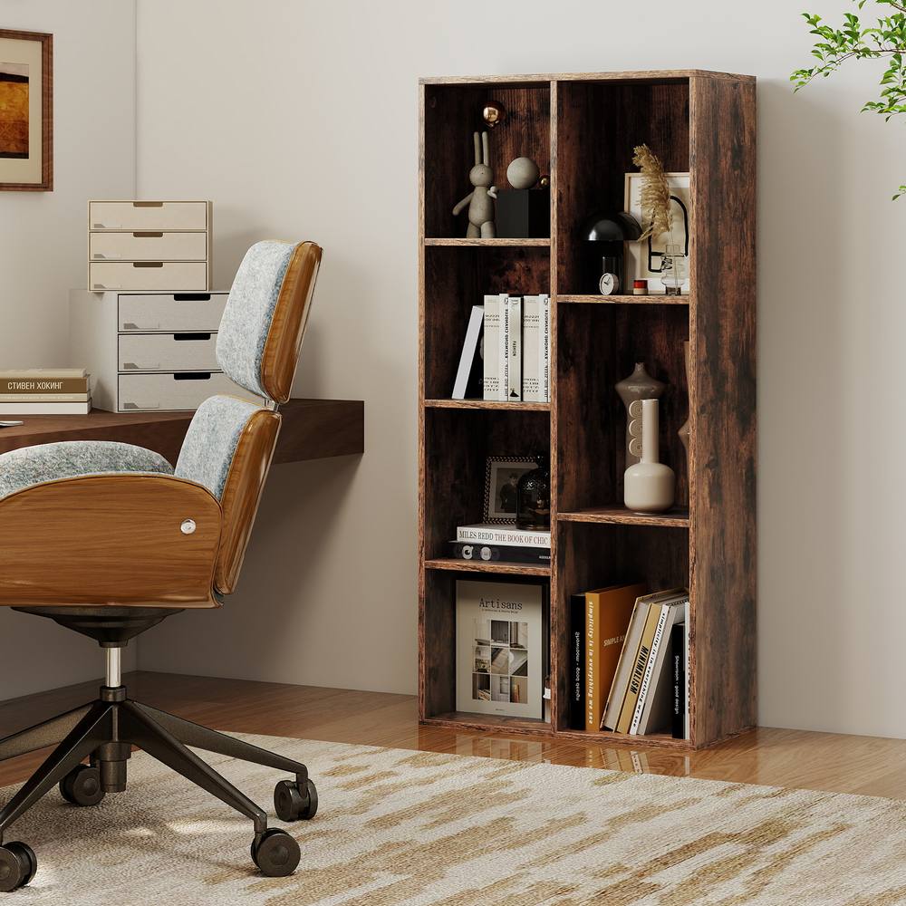 Costway 7-Cube Wooden Bookcase Industrial Display Bookshelf Open Storage Unit in Brown