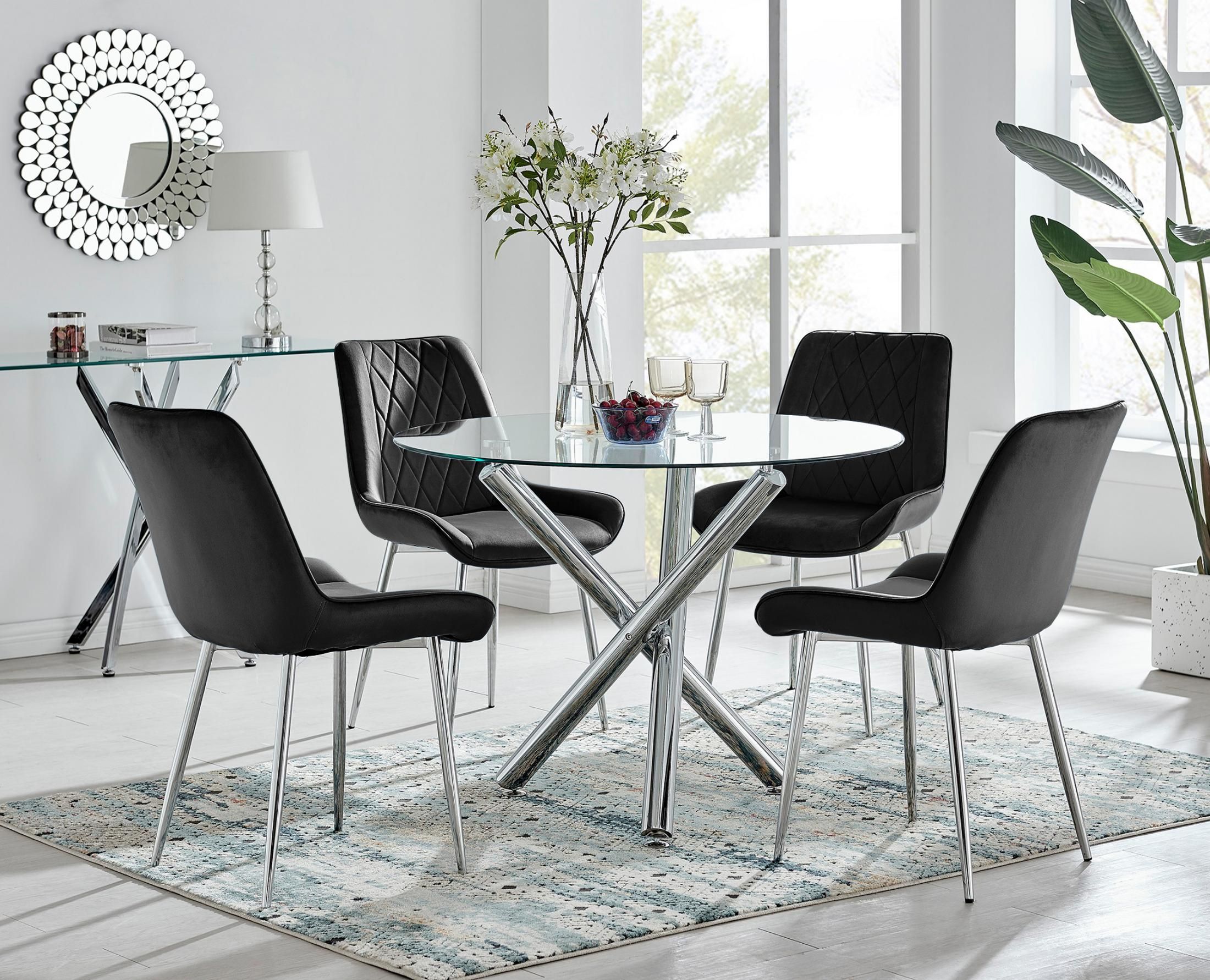 FurnitureboxUK Selina Round Glass Chrome Leg Dining Table & Pesaro Silver Leg Chairs in Black