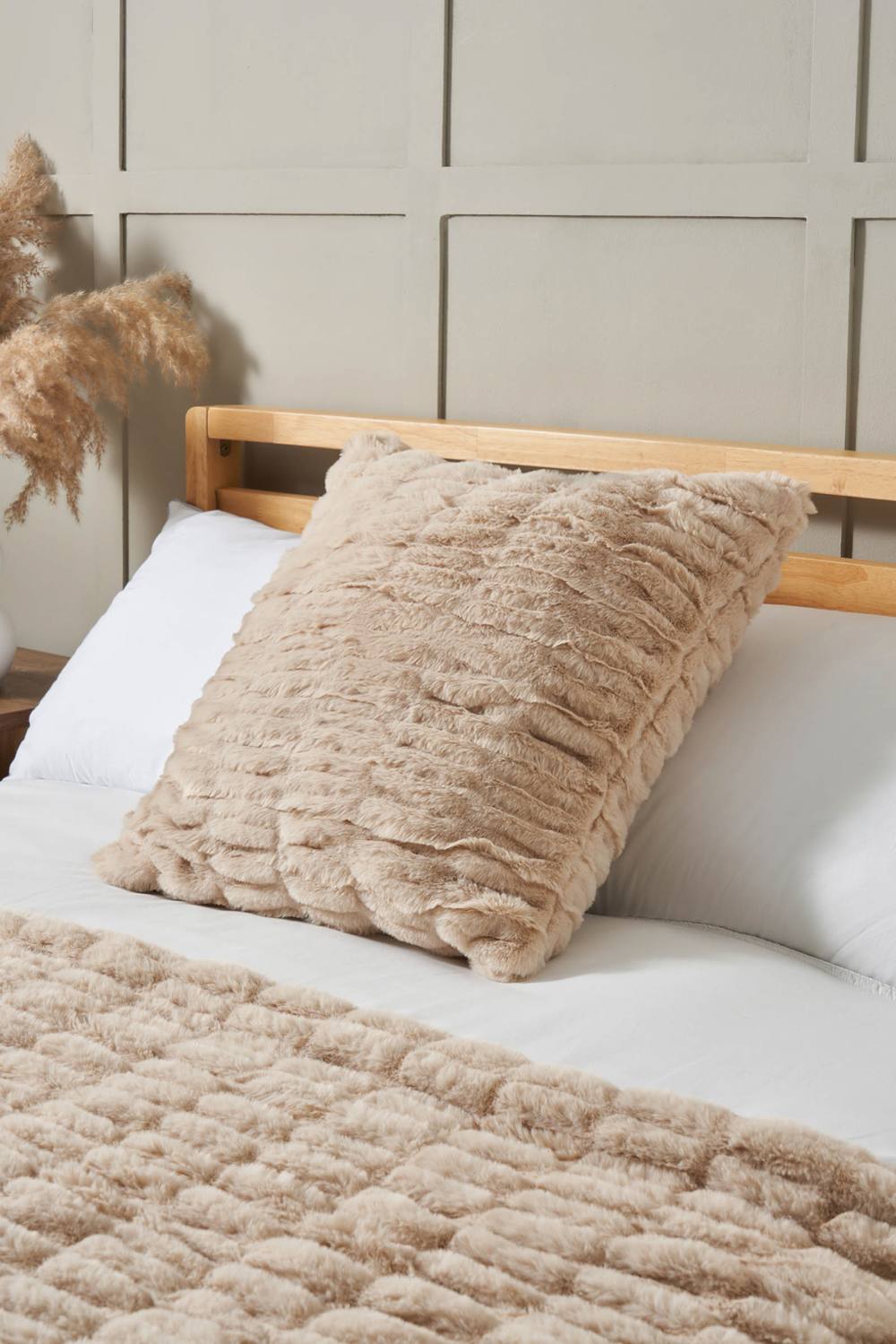 BHS Ruched Faux Fur Cushion in Beige
