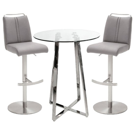 Poseur Glass Round Bar Table With 2 Giulia Ice Grey Bar Stools