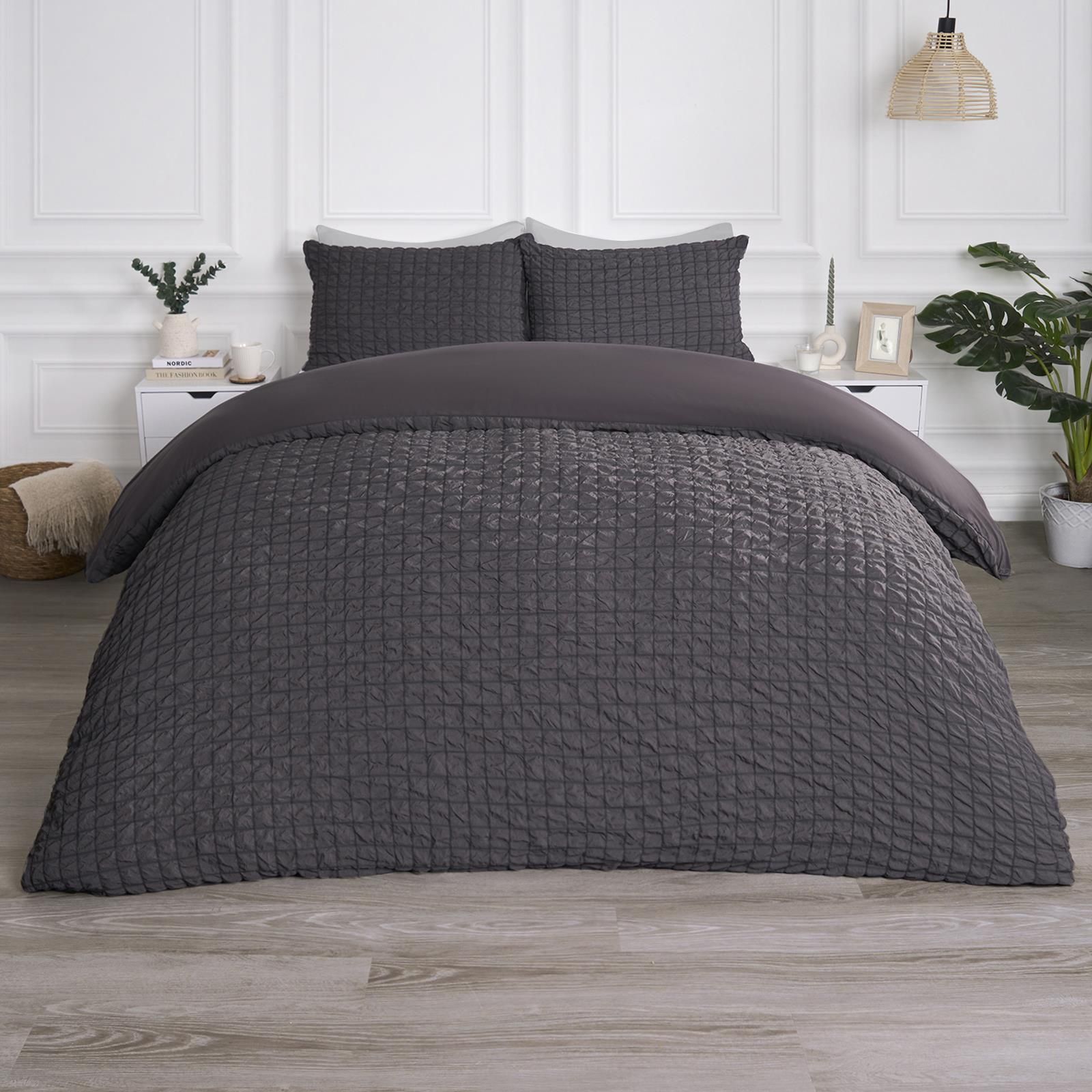 OHS Luxury Seersucker Duvet Cover Set Geo Pillowcase Quilt in Charcoal
