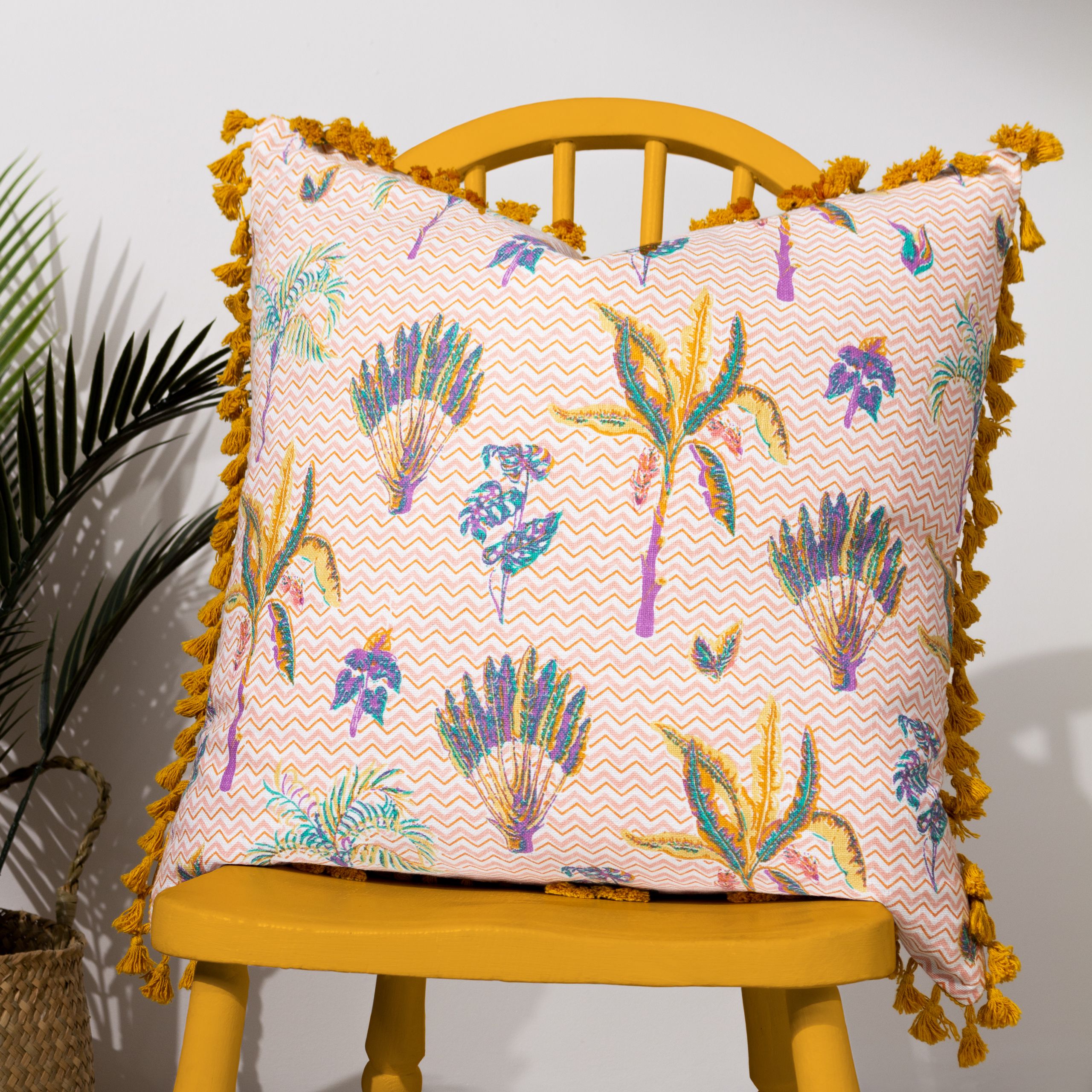Furn Chamae Floral Tasselled Cushion in Coral