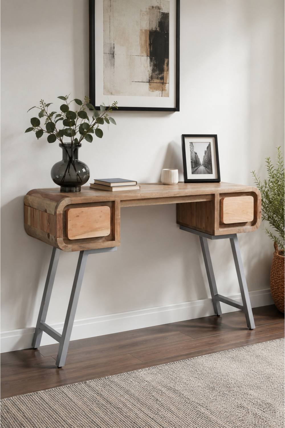 IH Design Auckley Acacia Wood & Reclaimed Metal Desk with Drawer in Brown