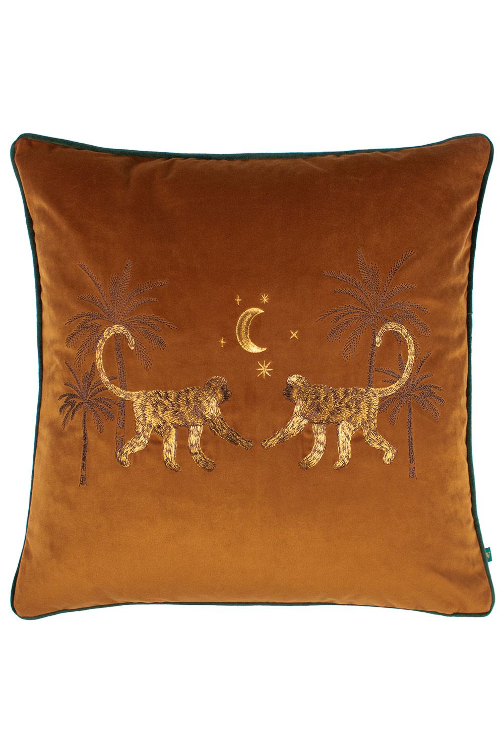 Wylder Tropics Dusk Monkey Embroidered Piped Velvet Cushion in Orange