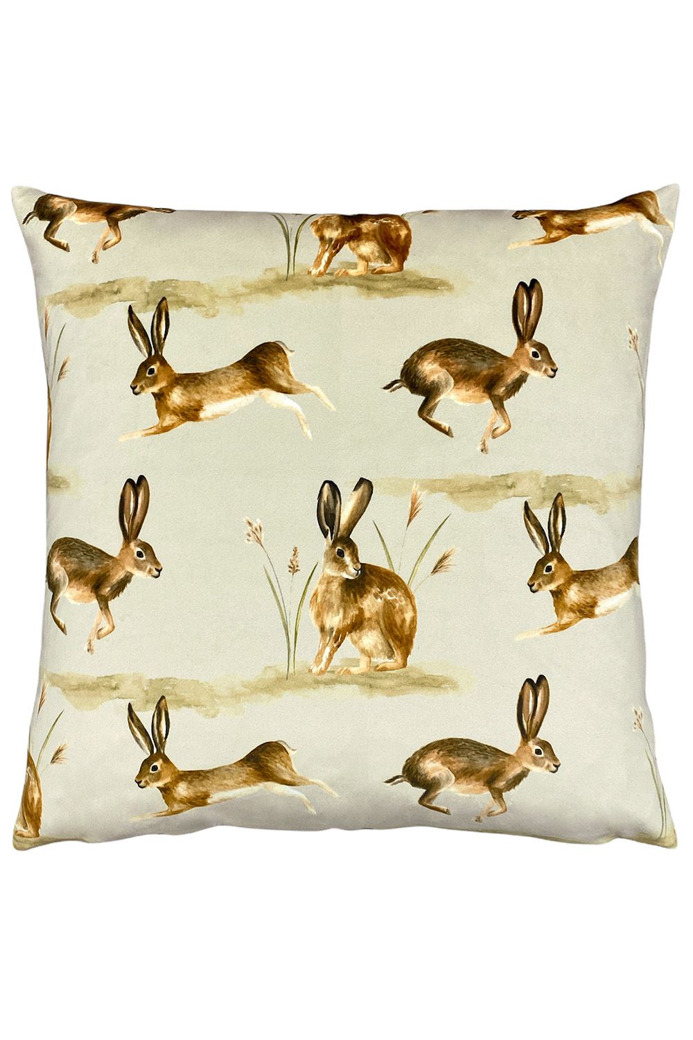 Evans Lichfield Country Running Hares Hand-Painted Printed Cushion in Taupe